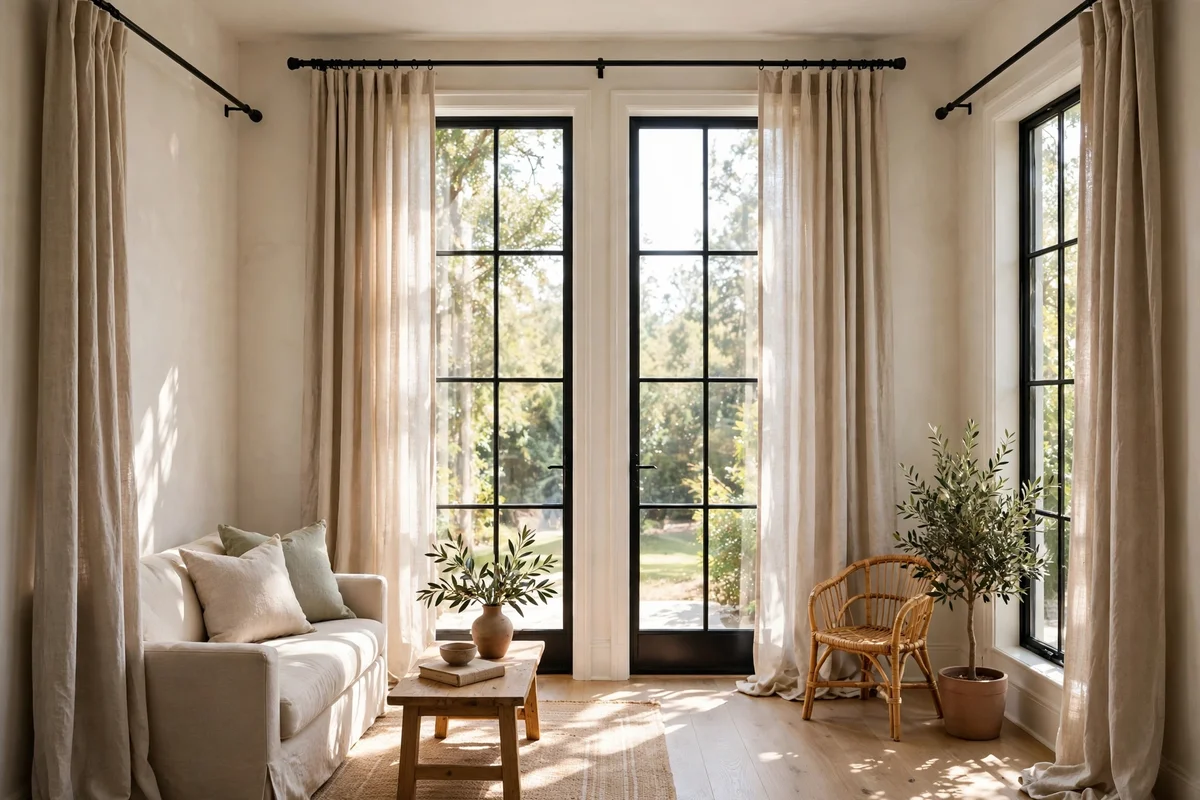 Small living room with curtains mounted near ceiling making windows look tall