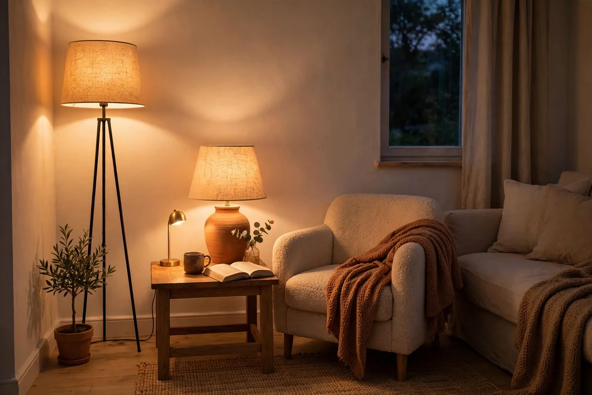 Small living room with layered warm lighting from floor lamp table lamp and sconce