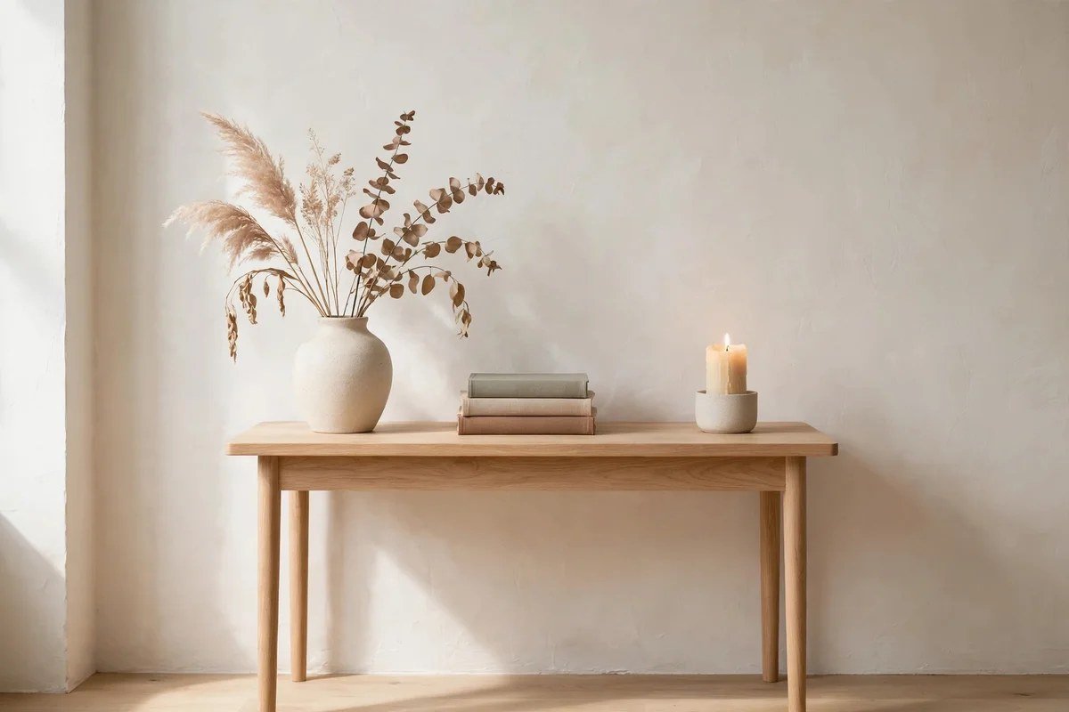 Small living room console styled minimally with a few curated objects and empty space