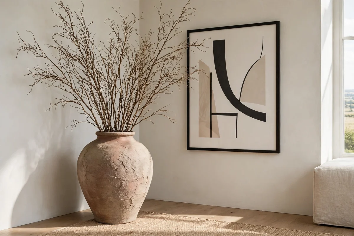 Small living room styled with a few large statement decor pieces instead of clutter