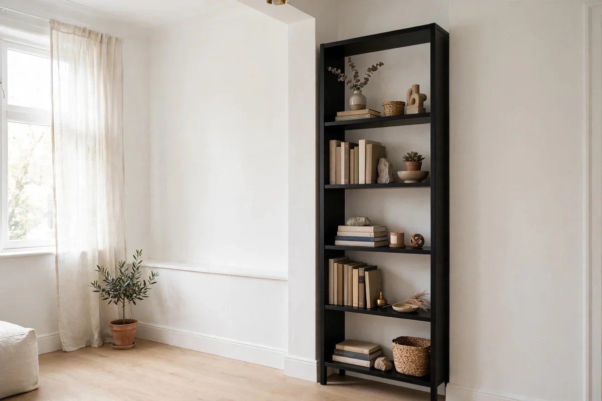 Small living room using tall shelving to draw the eye upward and save floor space