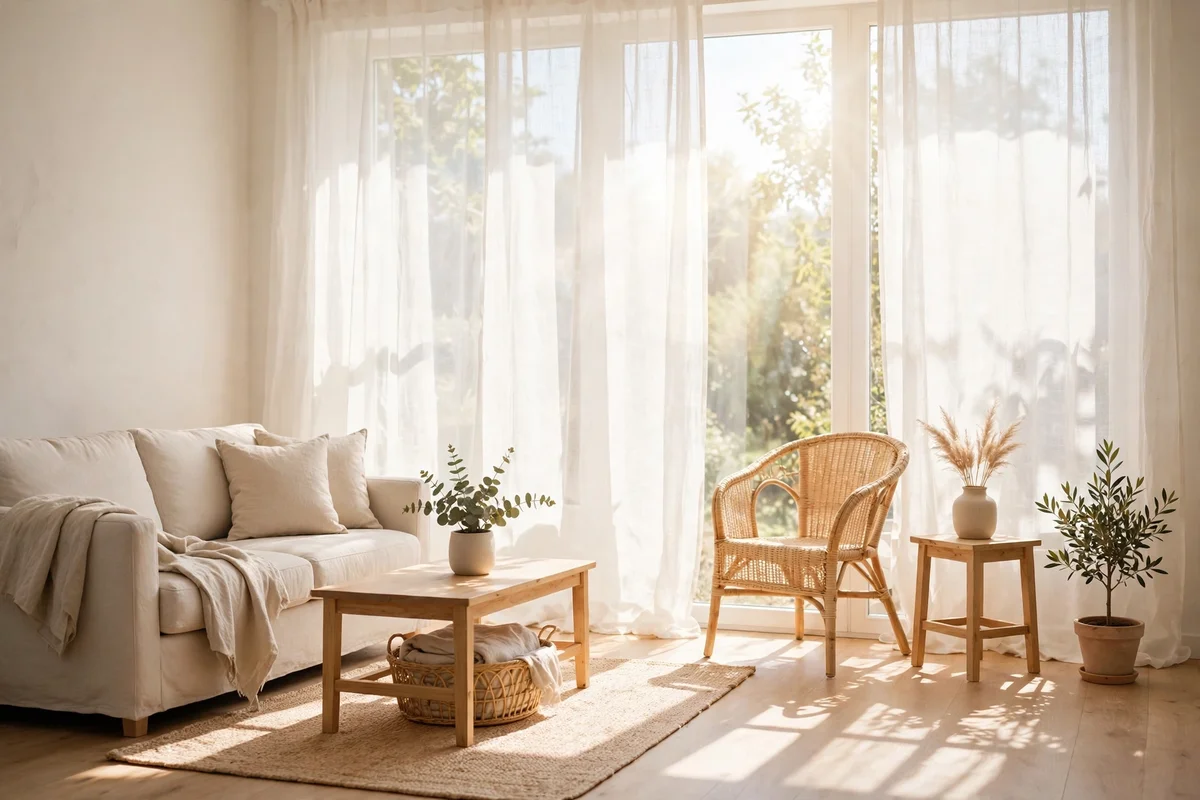 Small living room with sheer linen curtains letting daylight flood the space