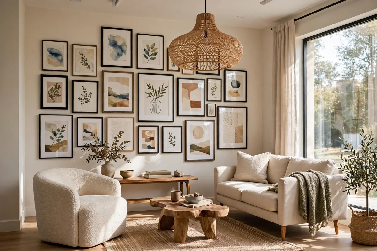 Small living room with a bold gallery wall as a clear focal point