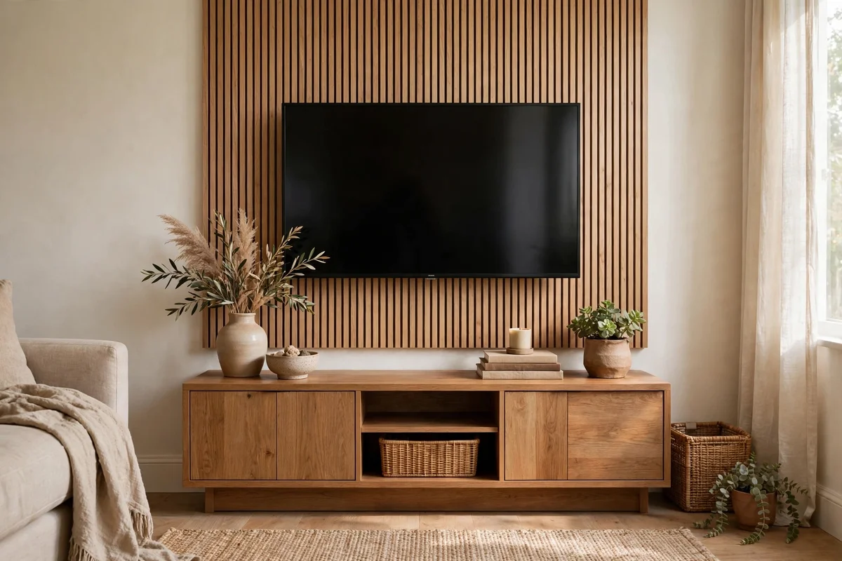 Small living room with TV mounted at seated eye level above a styled console