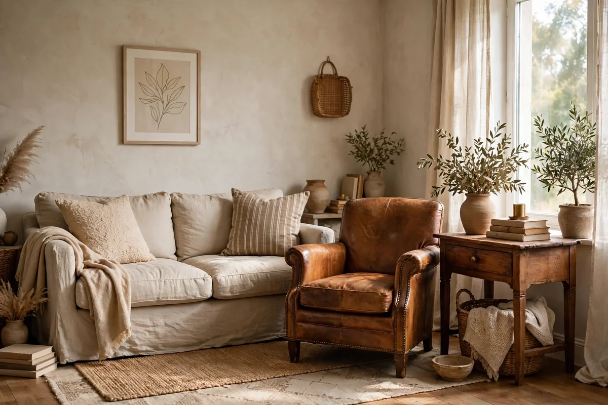 Small living room with mixed furniture styles unified by color for a collected look