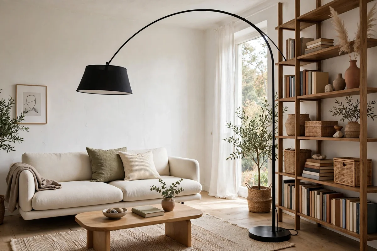Small living room with varied furniture heights creating visual rhythm