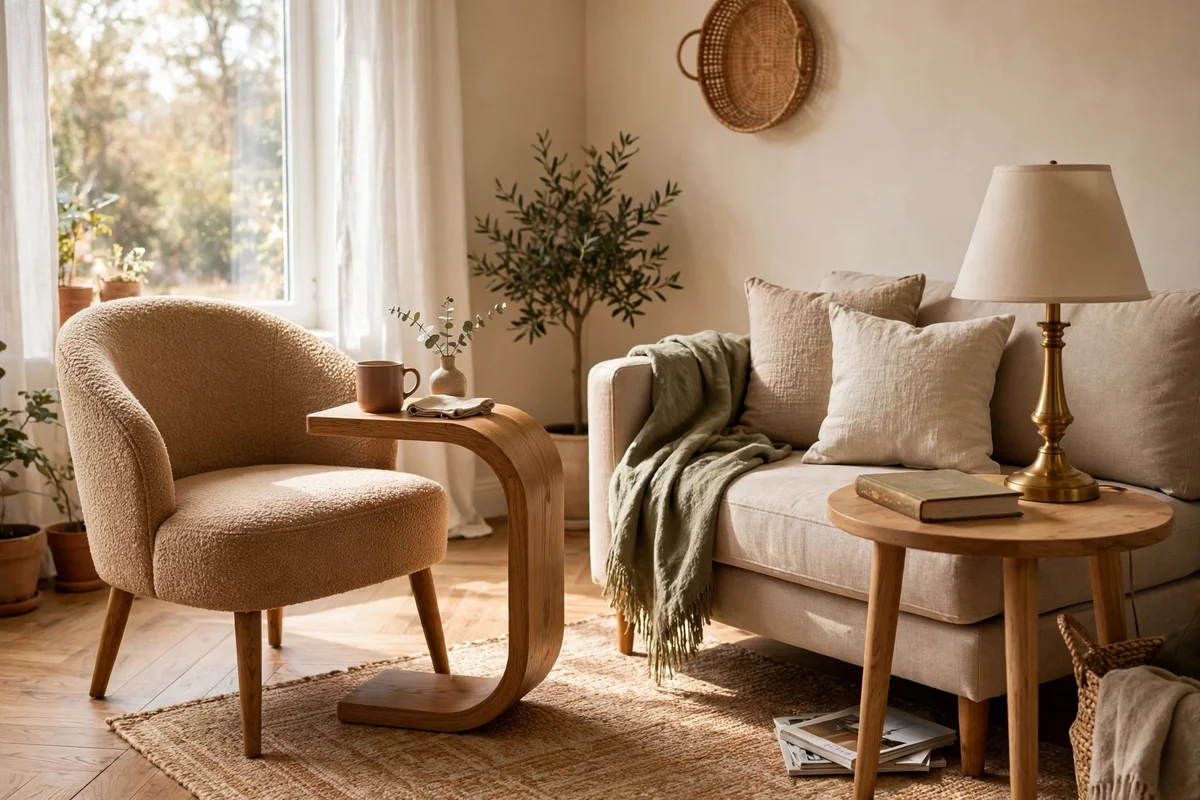 Small living room with a side table within reach of every seat