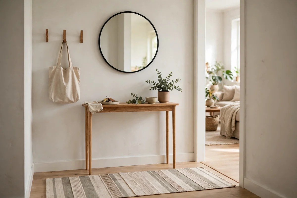 Small living room with a defined entry zone using hooks tray and runner