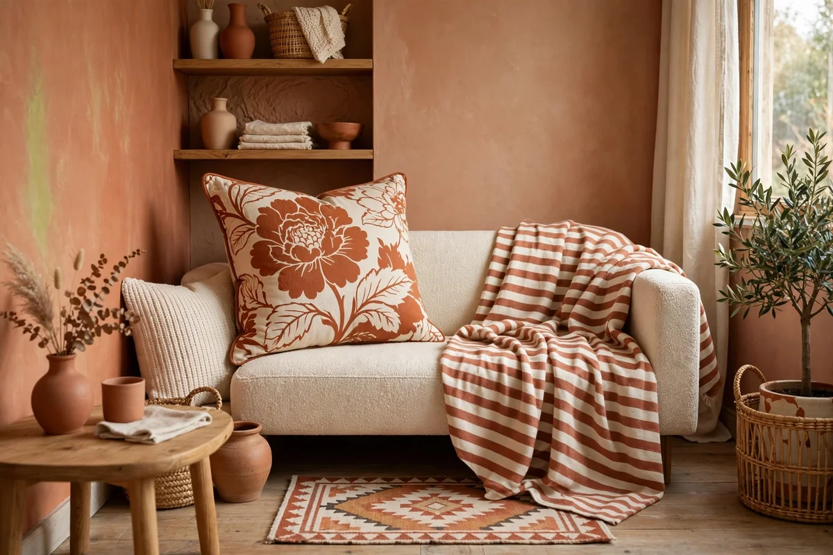Small living room with coordinated patterns in different scales sharing one palette