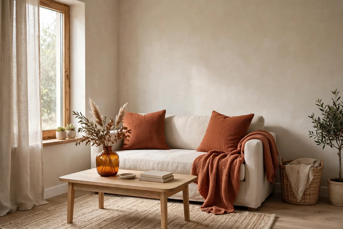 Neutral small living room energized with terracotta accent color in three places