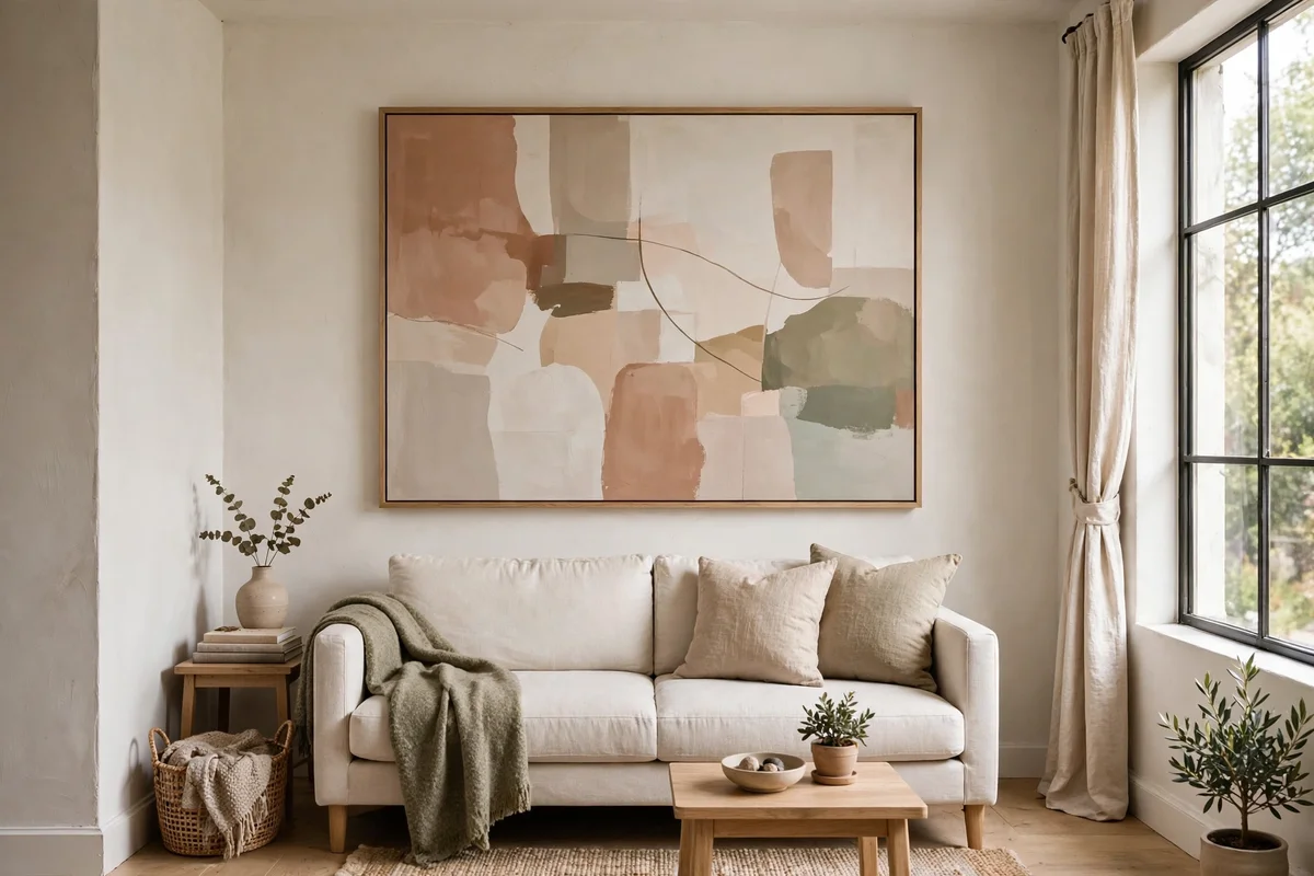 Small living room with one large properly hung artwork above the sofa