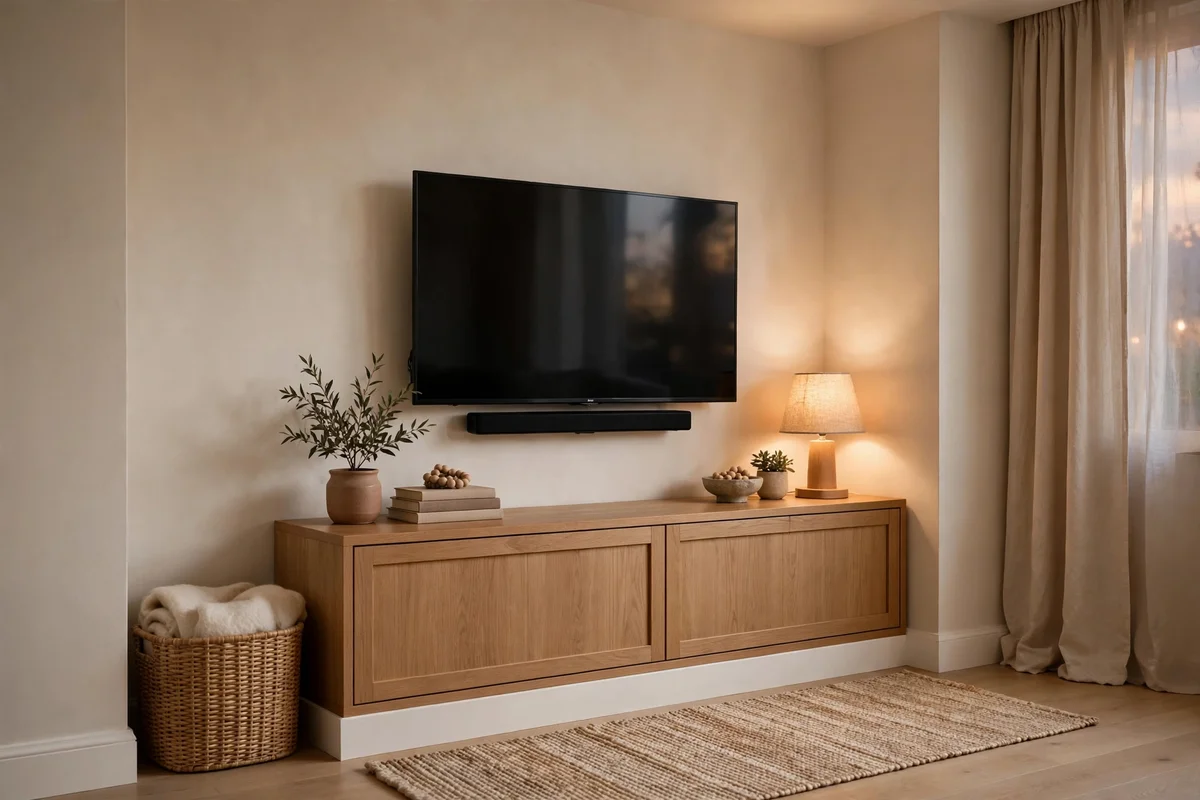Small living room media area with all cords neatly hidden and managed