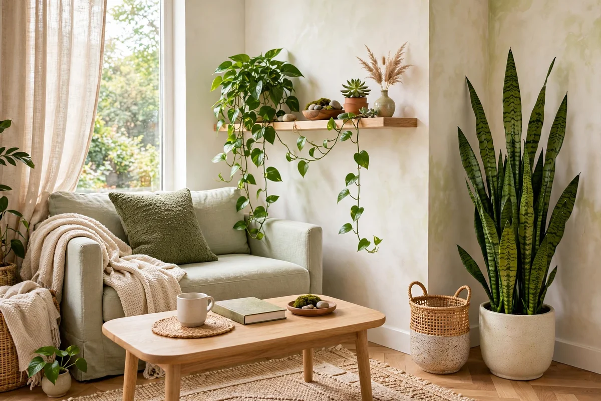 Small living room brought to life with a tall snake plant and trailing pothos