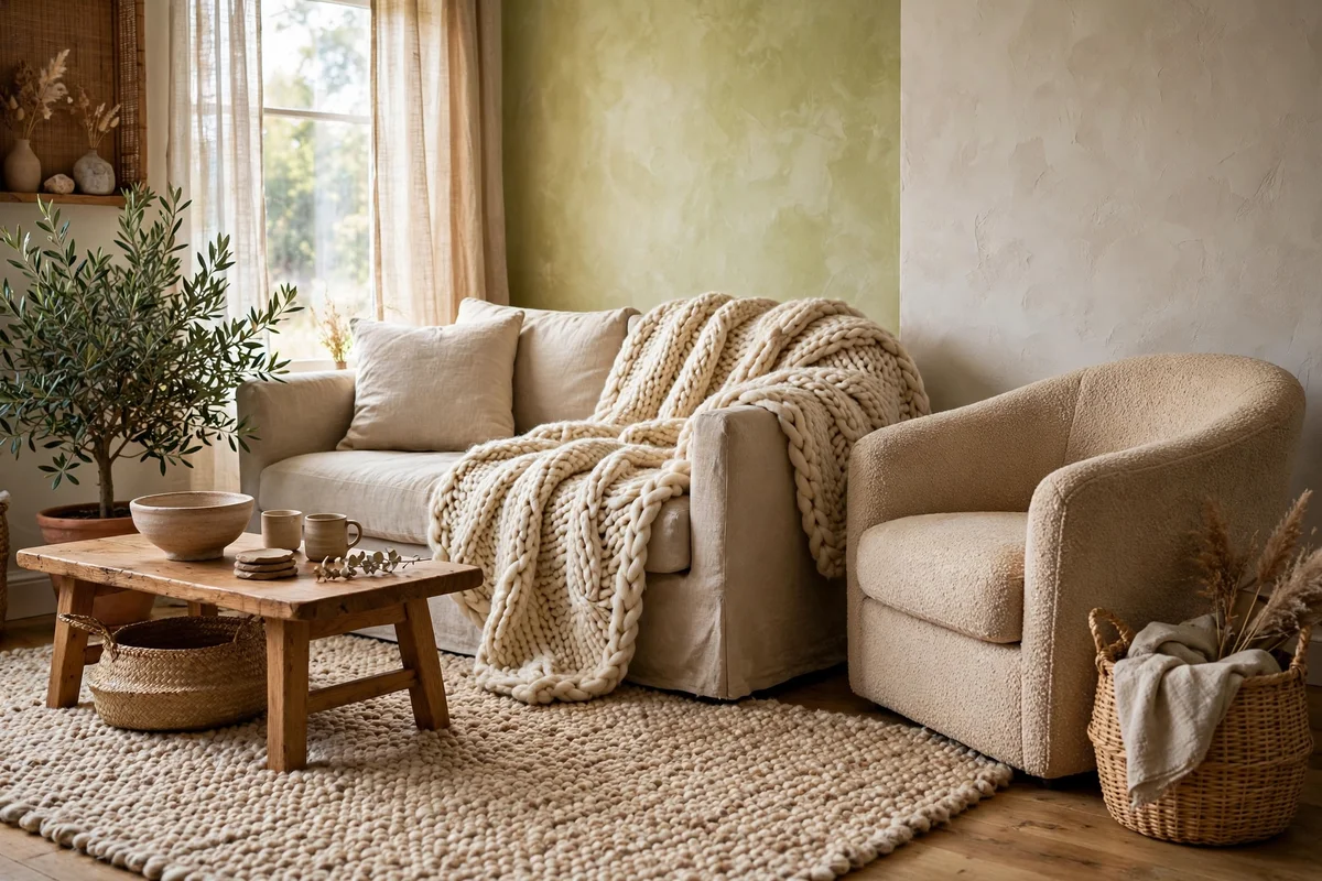 Small living room layered with knit throw linen pillows and woven textures