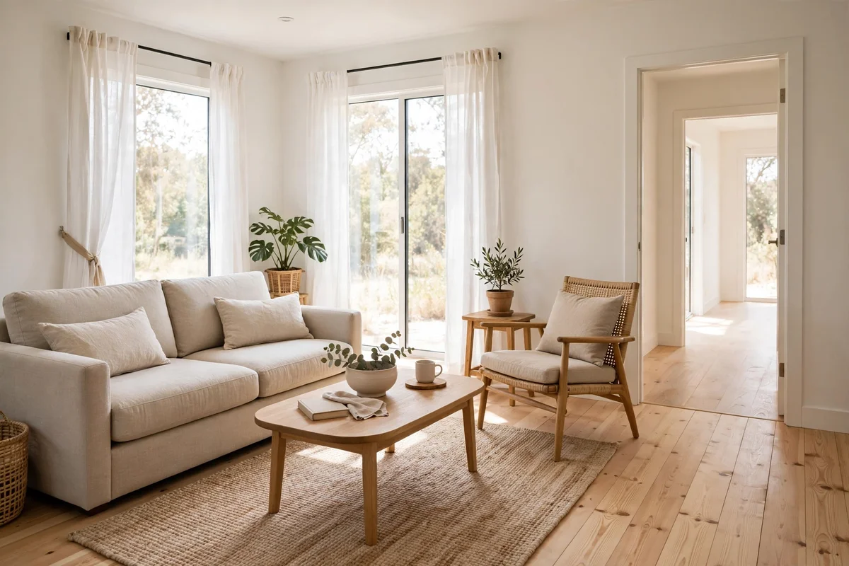 Small living room with clear wide pathways around furniture for easy movement