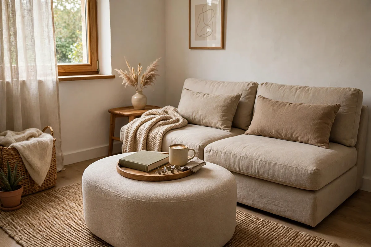 Small living room with a round ottoman coffee table sized to the sofa
