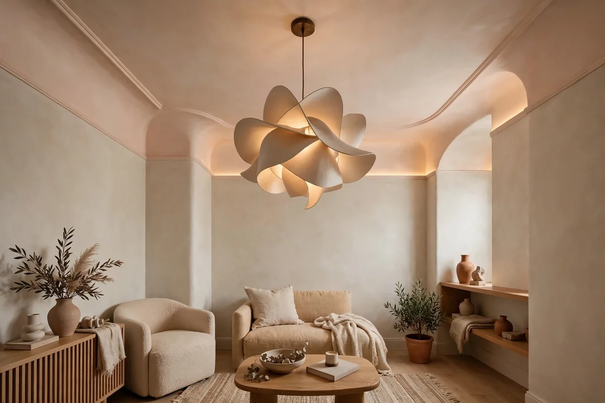 Small living room with a soft tinted ceiling and statement pendant light