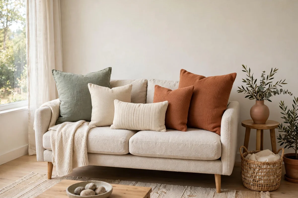 Small living room sofa with a curated set of five throw pillows in descending sizes