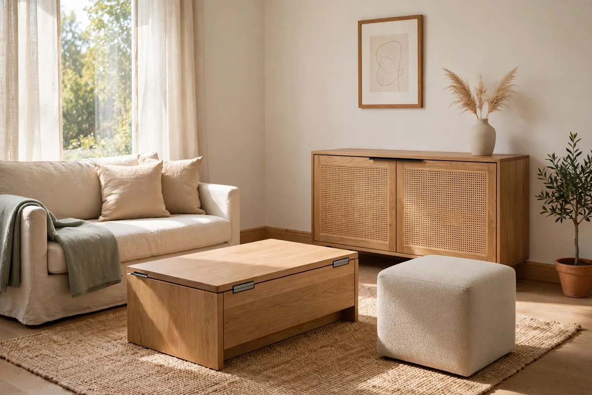 Small living room with storage ottoman and lift-top coffee table hiding clutter