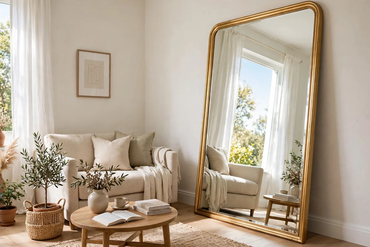 Small living room with a large mirror reflecting window light and doubling the space