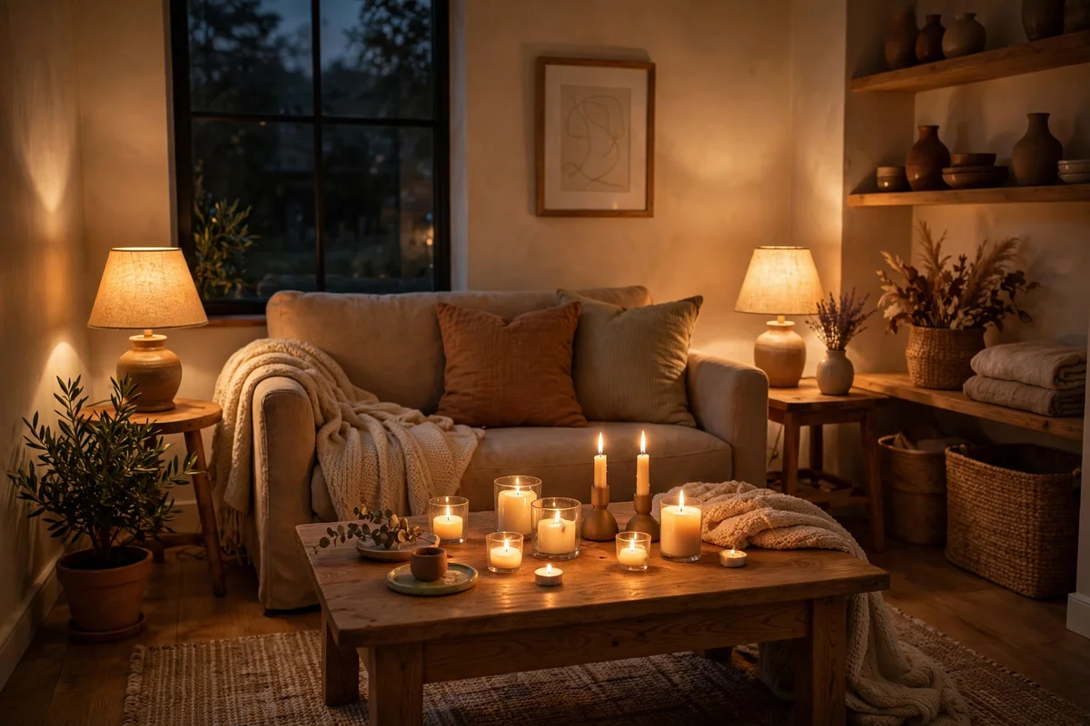 Small living room glowing with candlelight and warm dimmed lamps in the evening