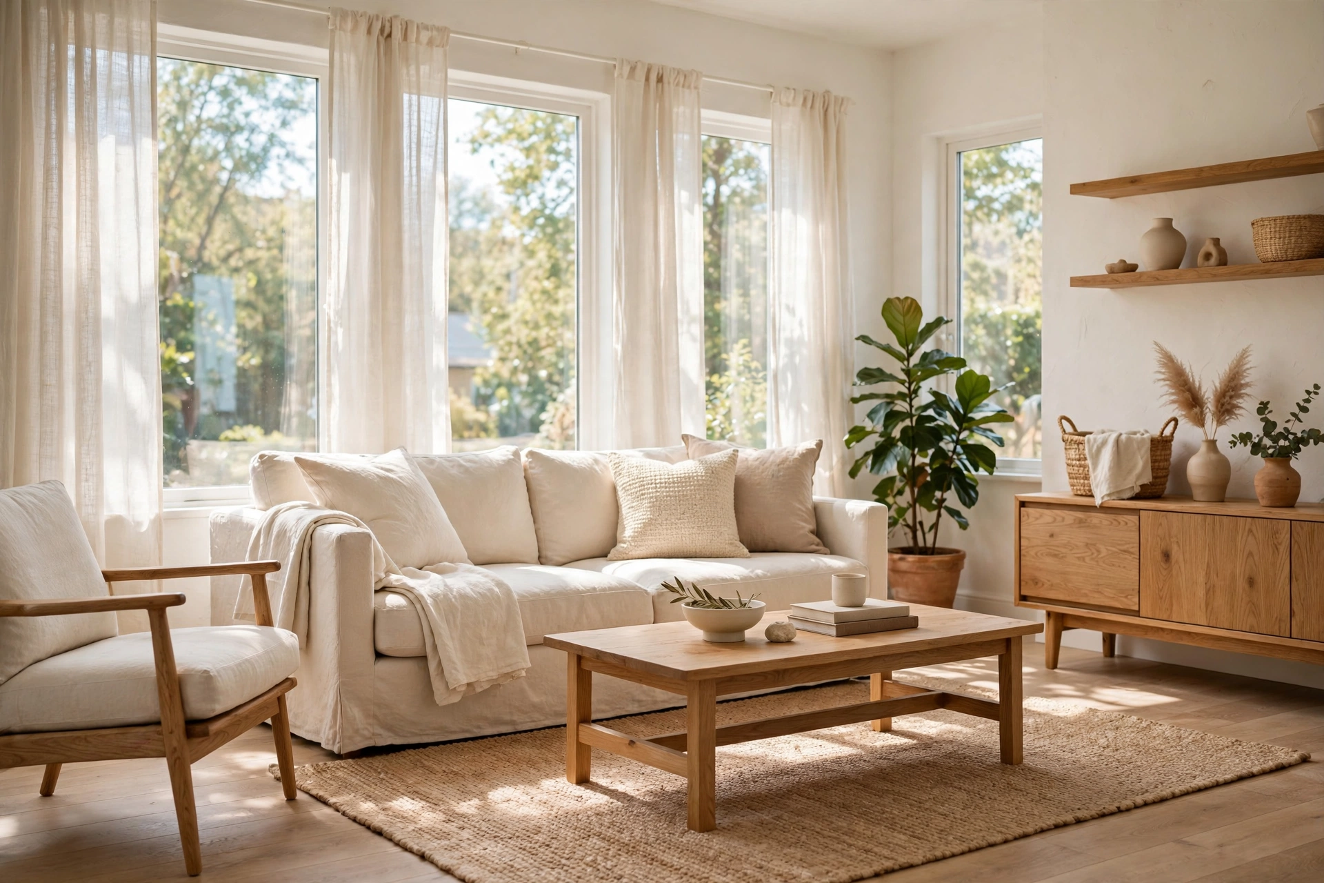 Bright living room with warm white walls and natural oak furniture in airy palette