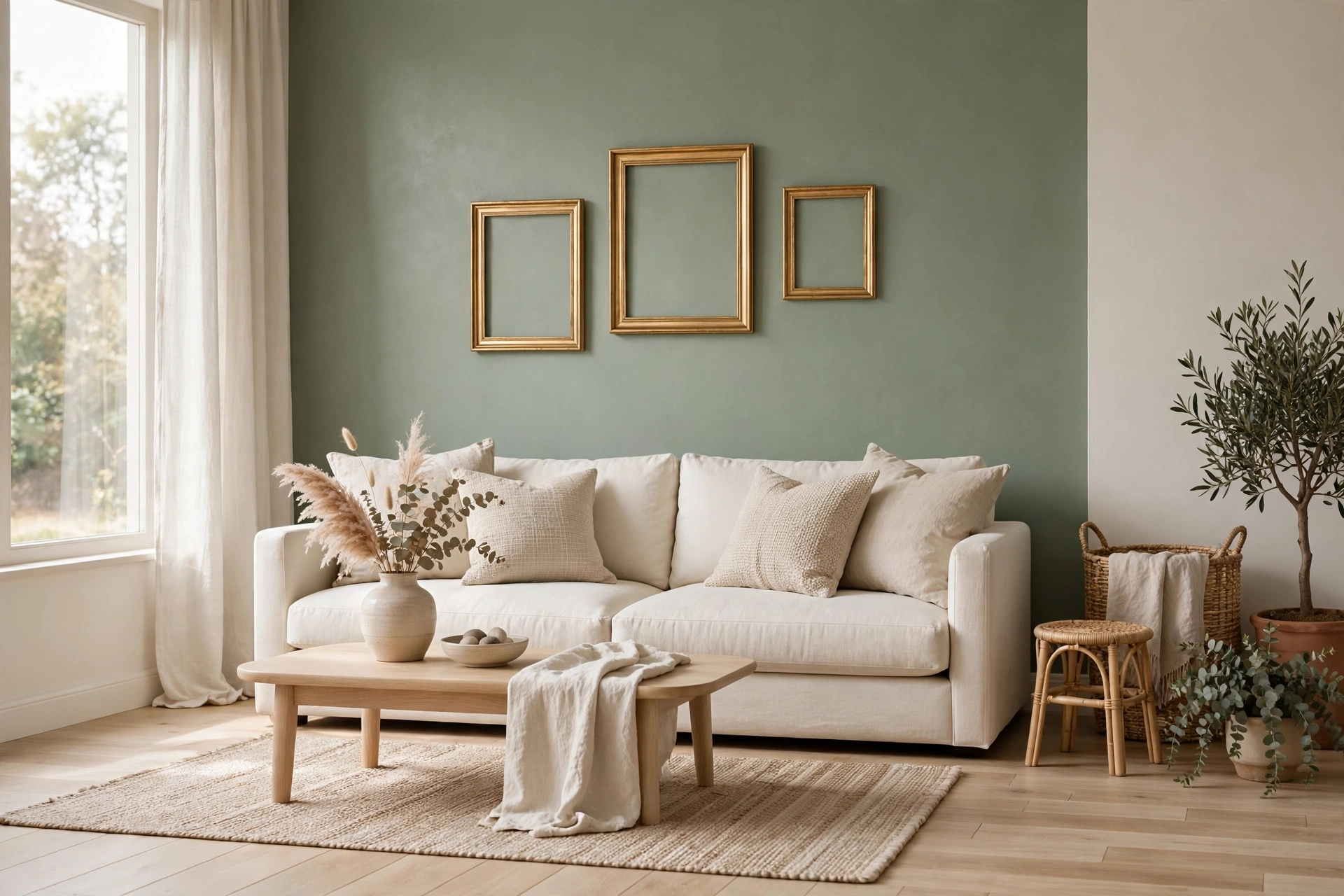Living room with sage green accent wall and cream sofa in calming palette