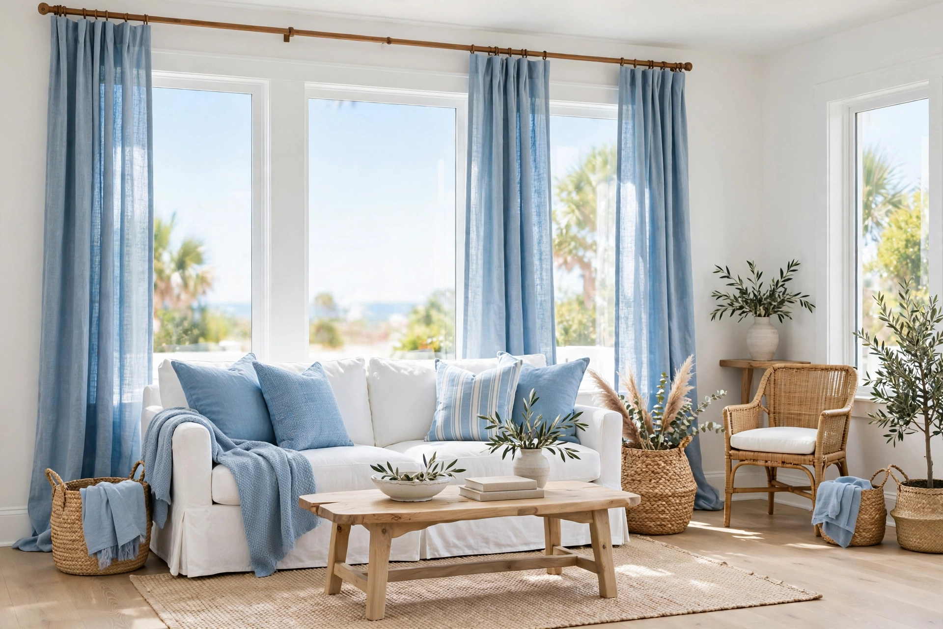 Airy living room with sky blue textiles and crisp white walls