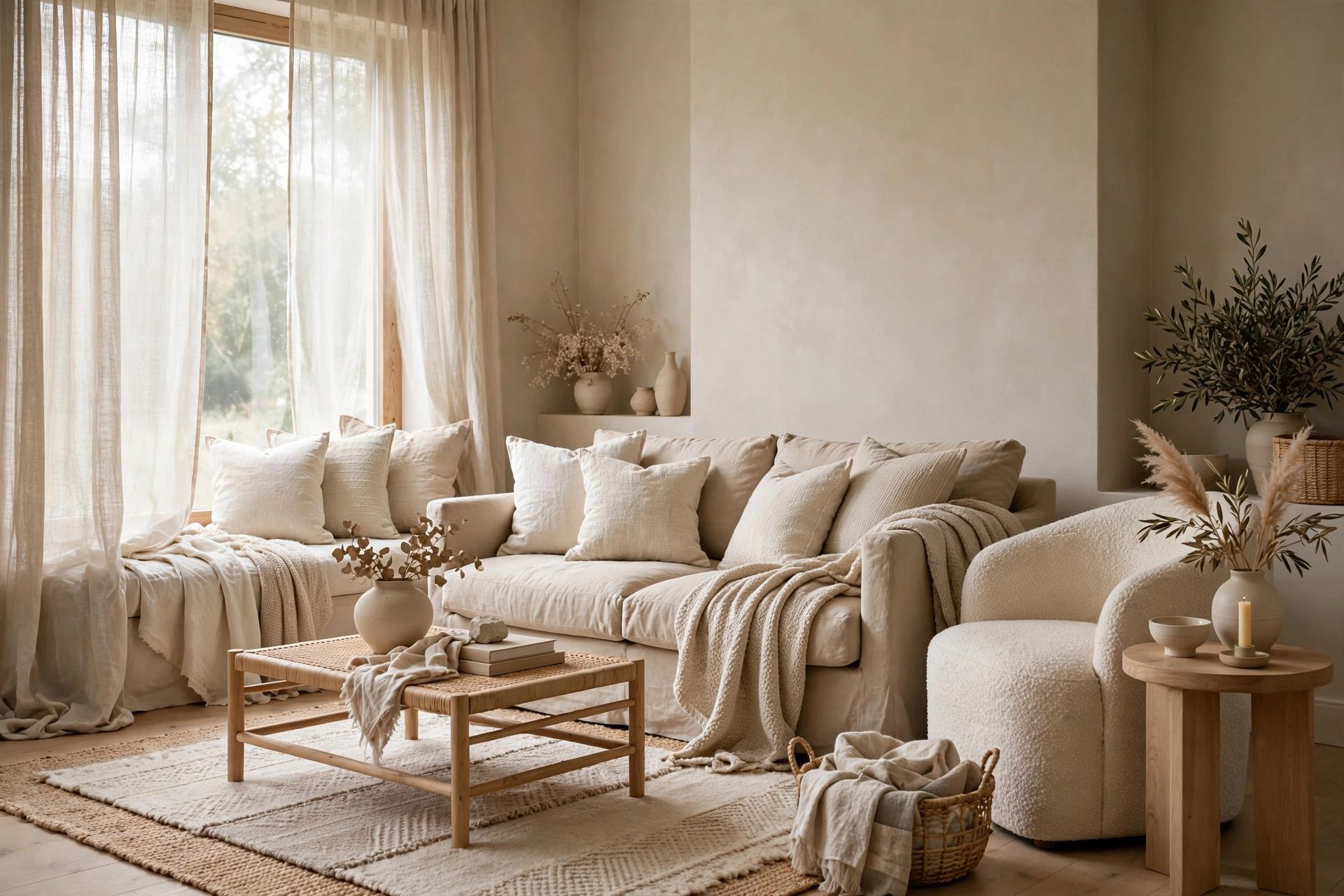 Sophisticated living room in greige tones with soft linen textures