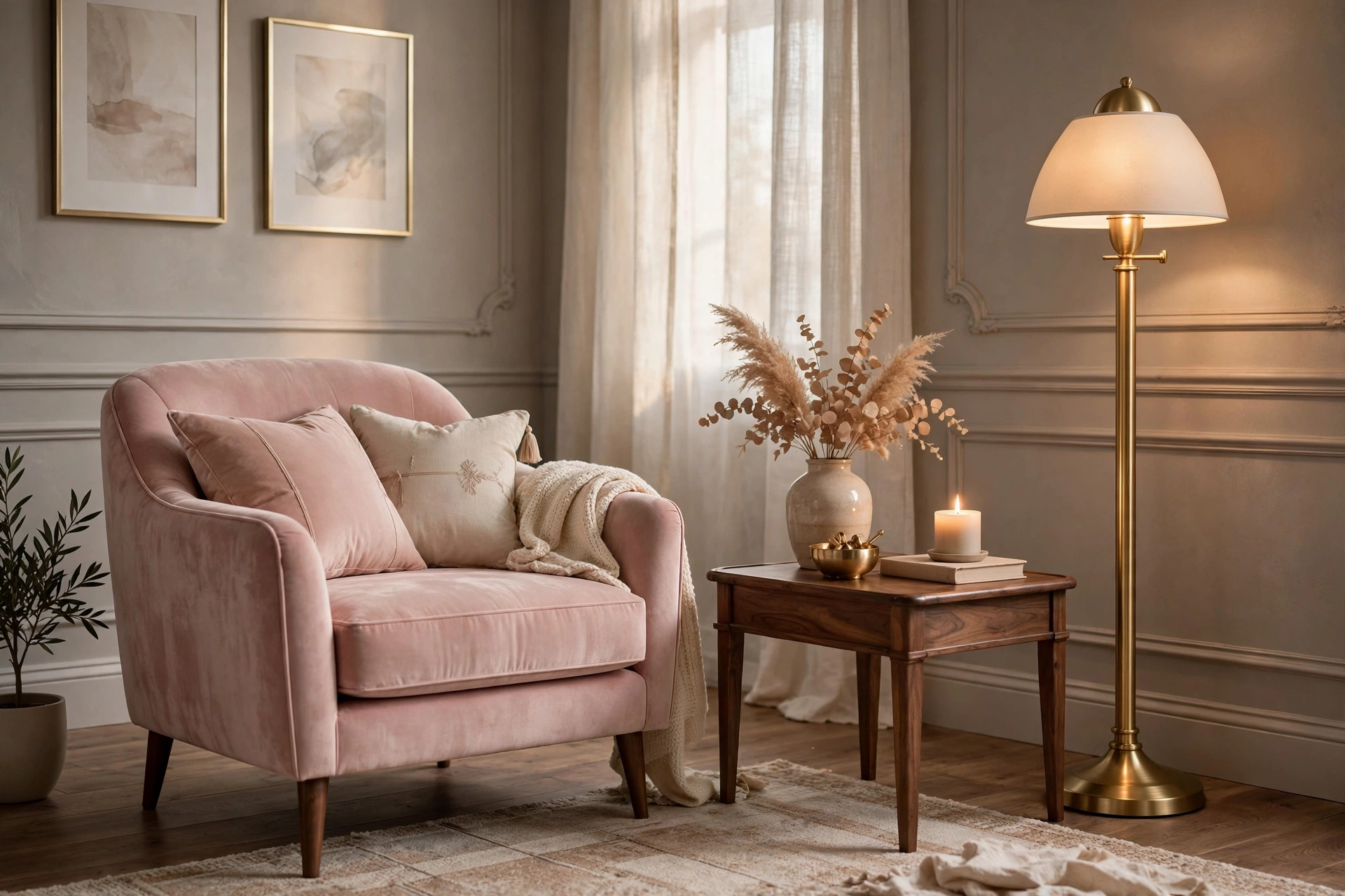 Elegant living room with blush pink chair and warm gray walls