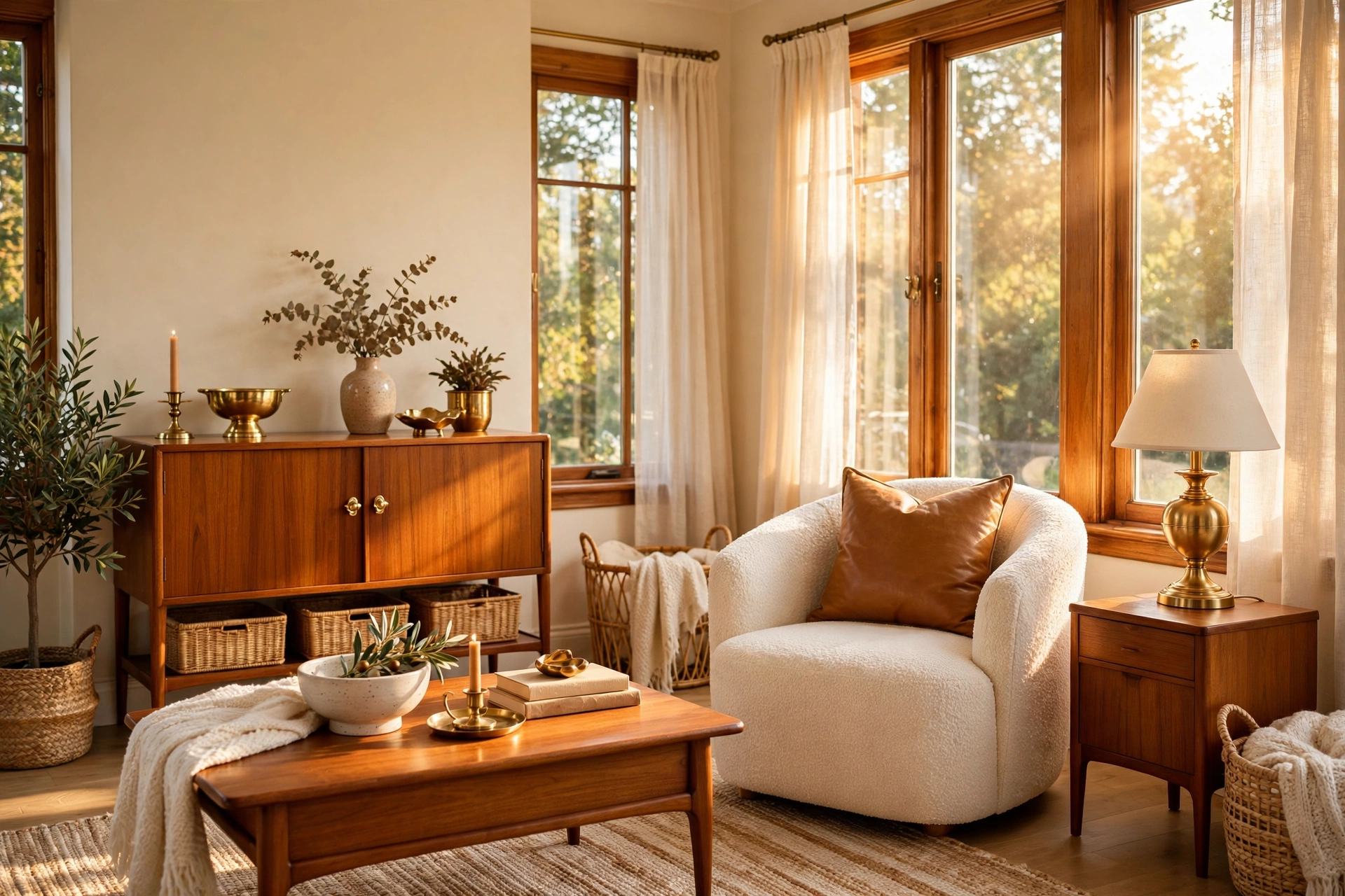 Cozy living room with cream walls and honey-toned wood furniture