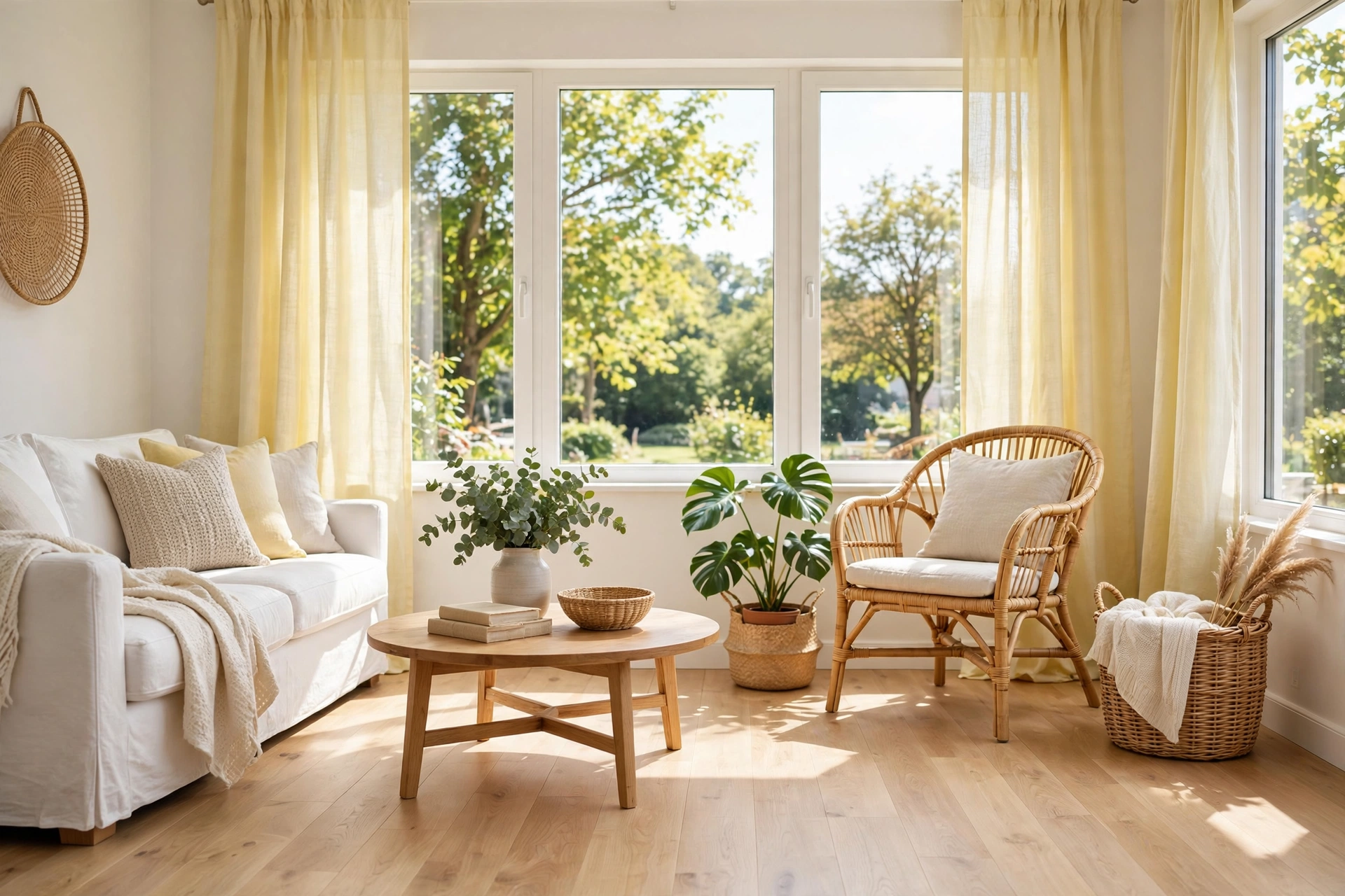 Sunny living room with pale yellow accents and white walls