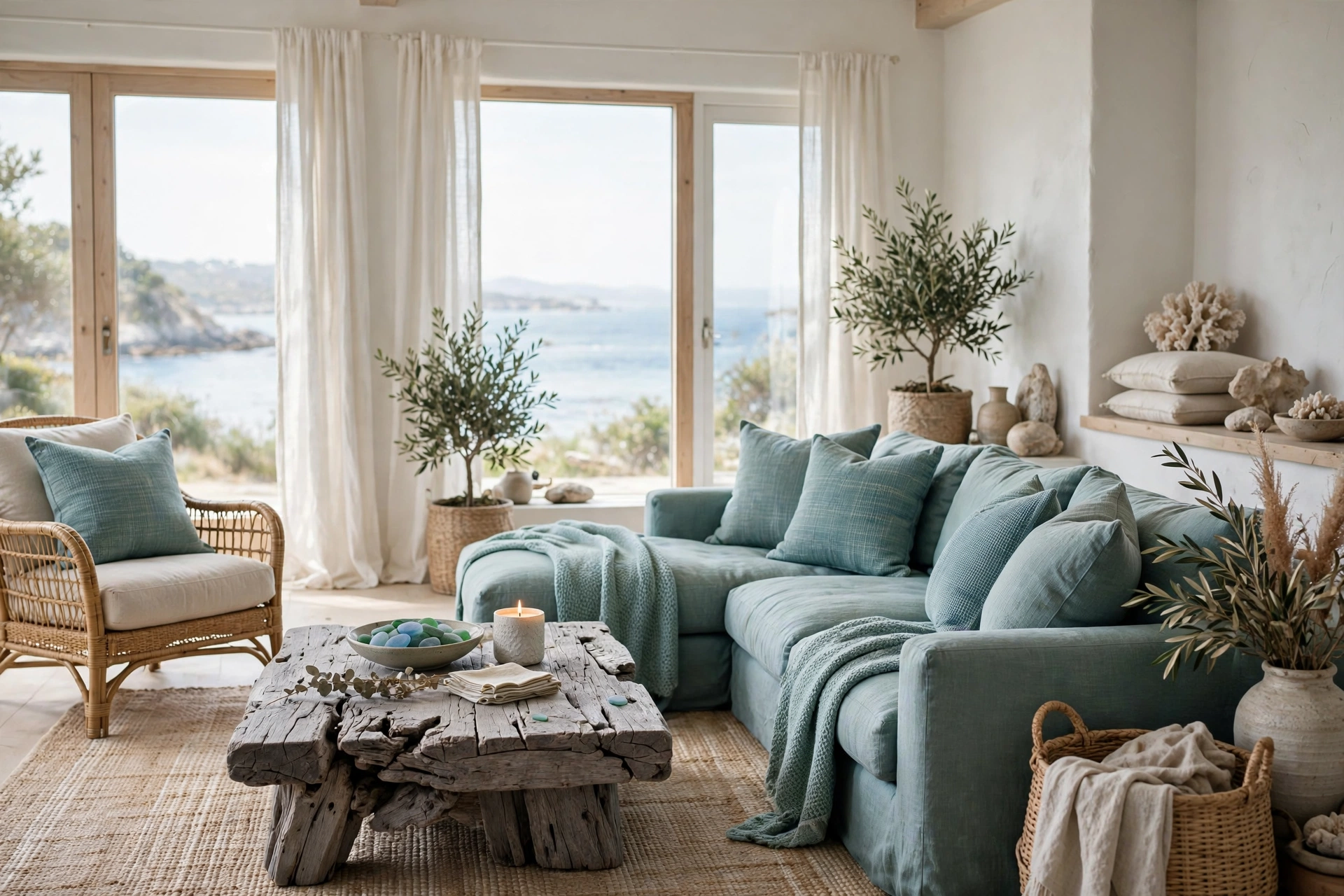 Serene coastal living room with sea glass tones and driftwood textures