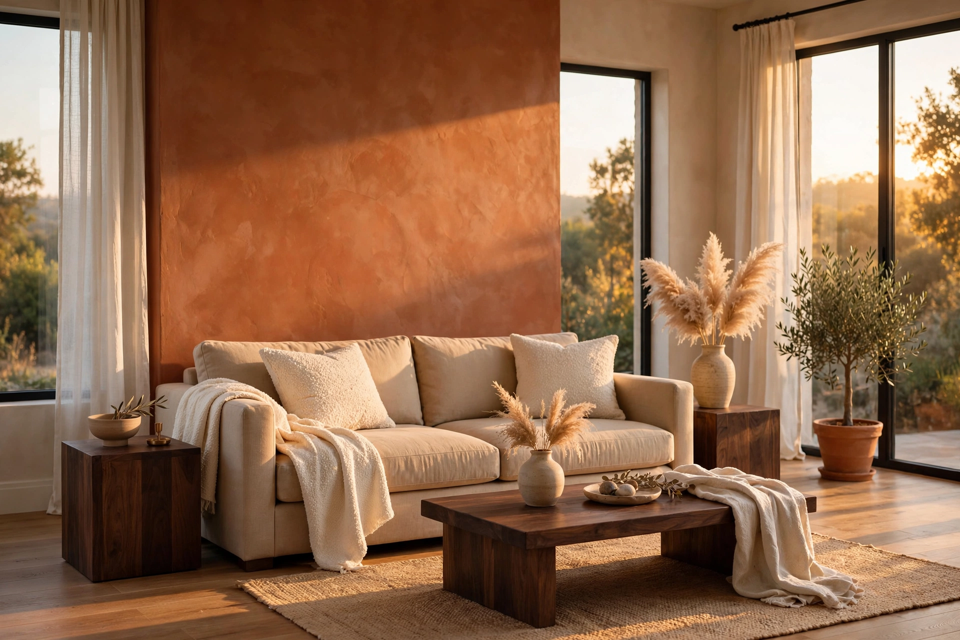 Warm living room with terracotta accent wall and sandy neutral furniture