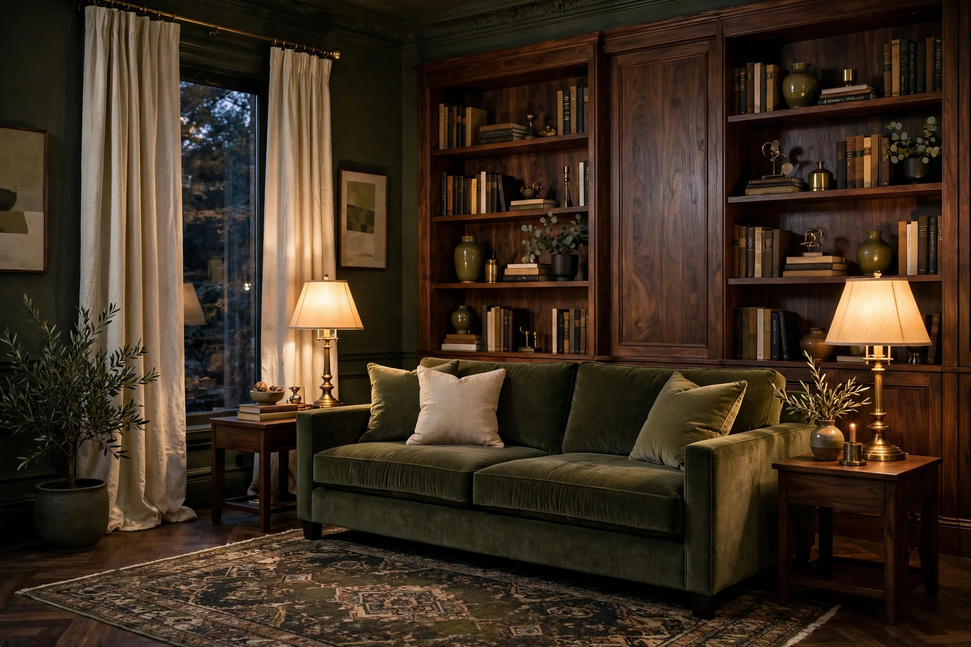 Sophisticated living room with olive green sofa and walnut wood furniture