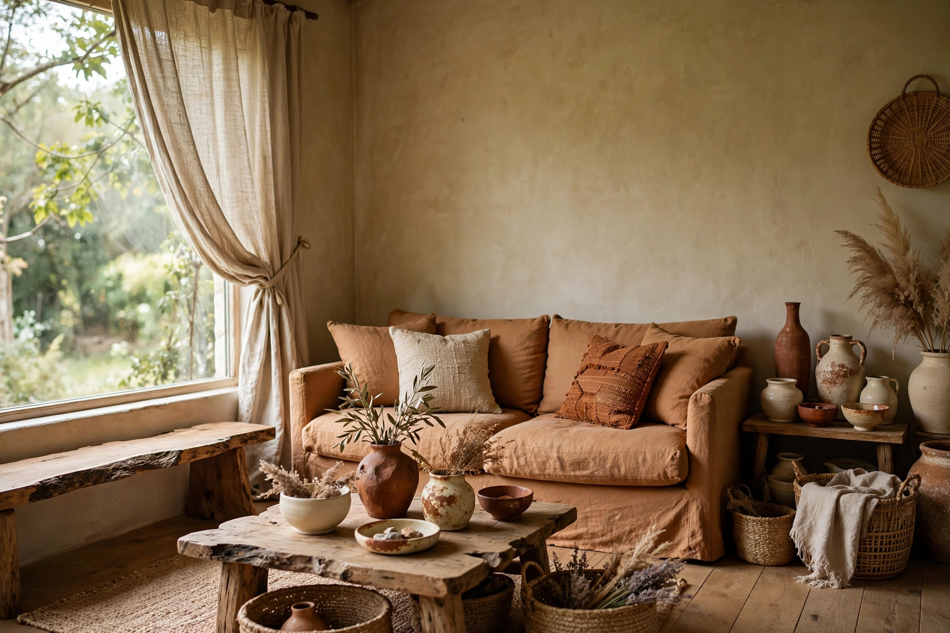 Artisan living room with clay tones and natural linen textiles