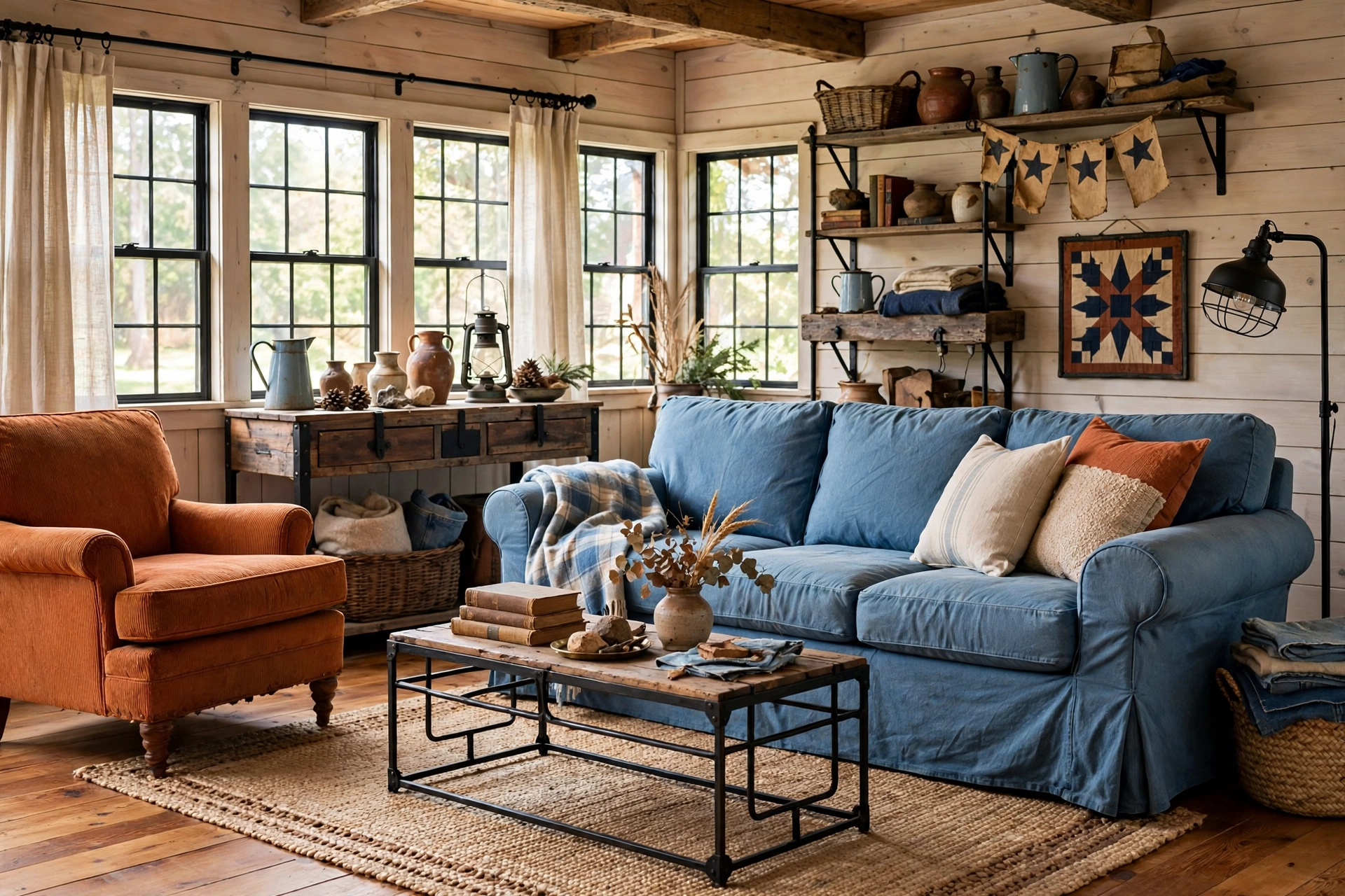 Rustic living room with rust orange chair and denim blue sofa