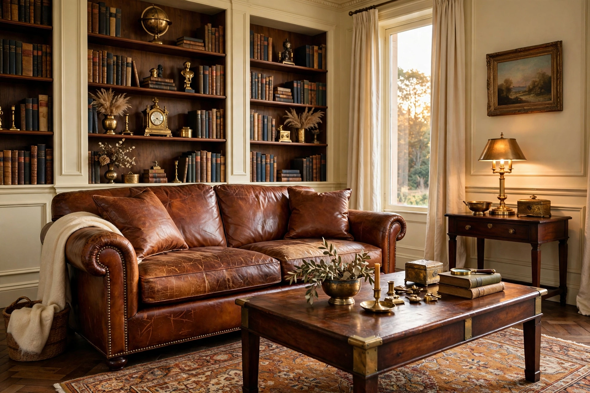 Heritage living room with cognac leather sofa and cream walls