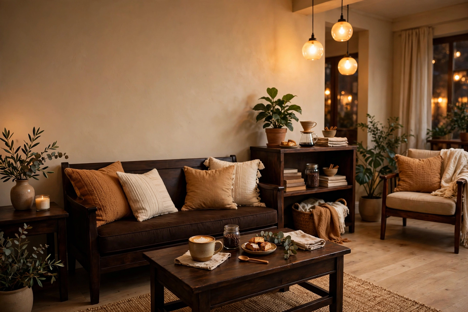 Comforting living room with warm beige walls and espresso wood furniture