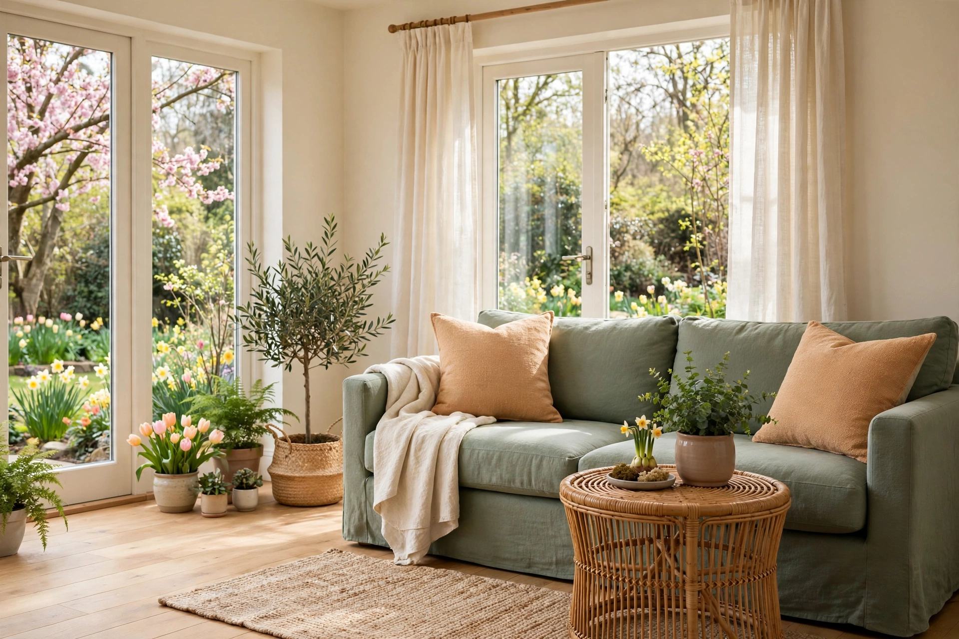 Fresh living room with apricot accents and sage green sofa