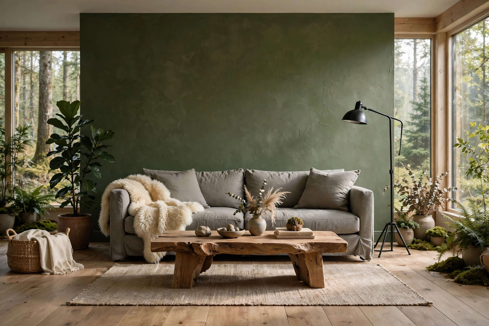 Grounding living room with moss green and natural stone gray tones