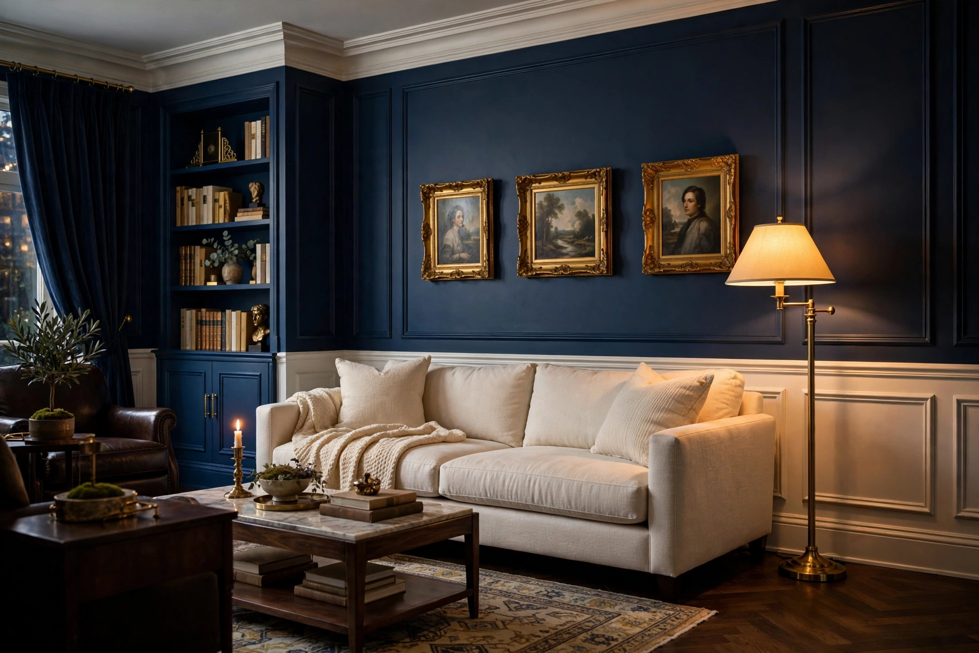 Dramatic living room with navy blue walls and brass accents