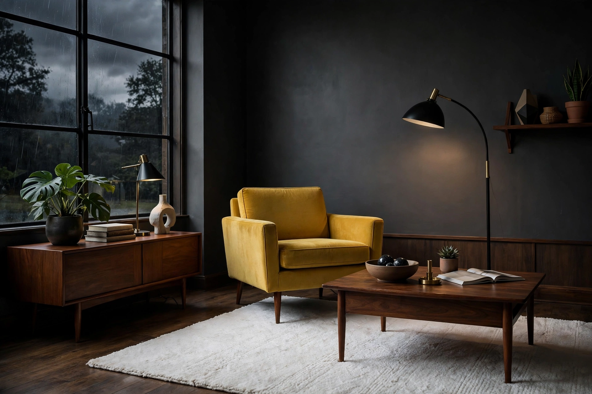 Bold living room with charcoal walls and mustard yellow chair