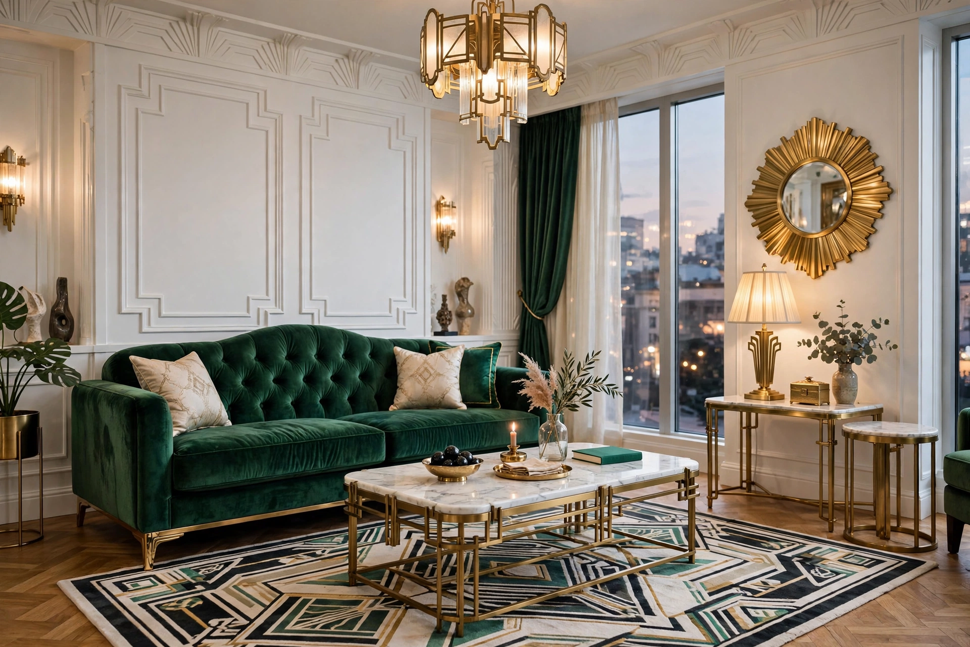 Glamorous living room with emerald green sofa and white marble table