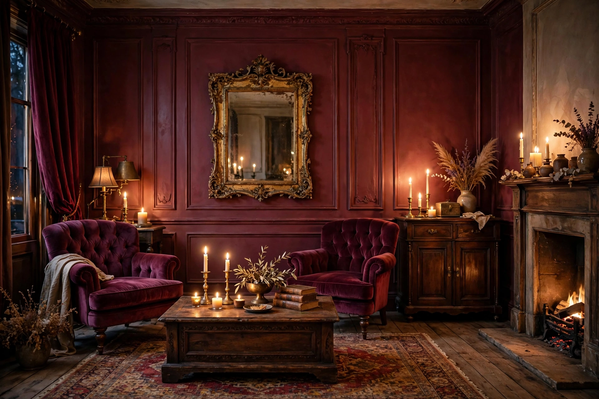 Romantic living room with burgundy walls and antique gold decor