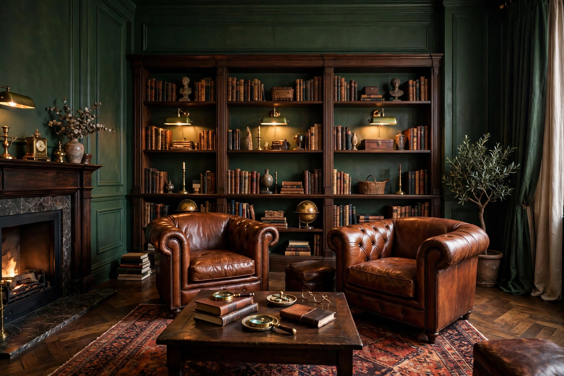 Rich living room with forest green walls and cognac leather chairs