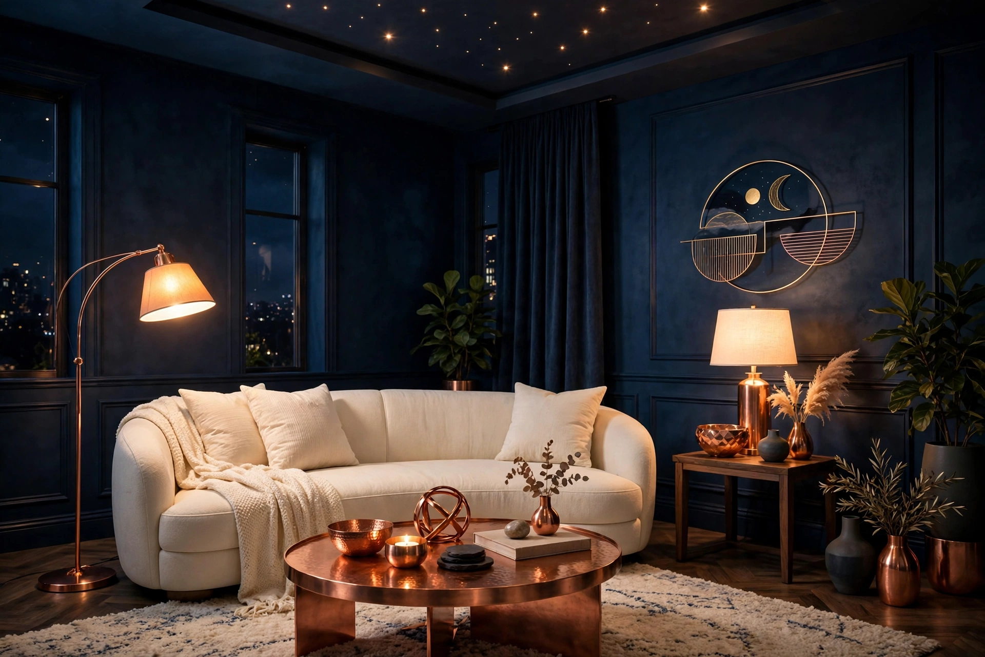 Moody living room with midnight blue walls and copper accents