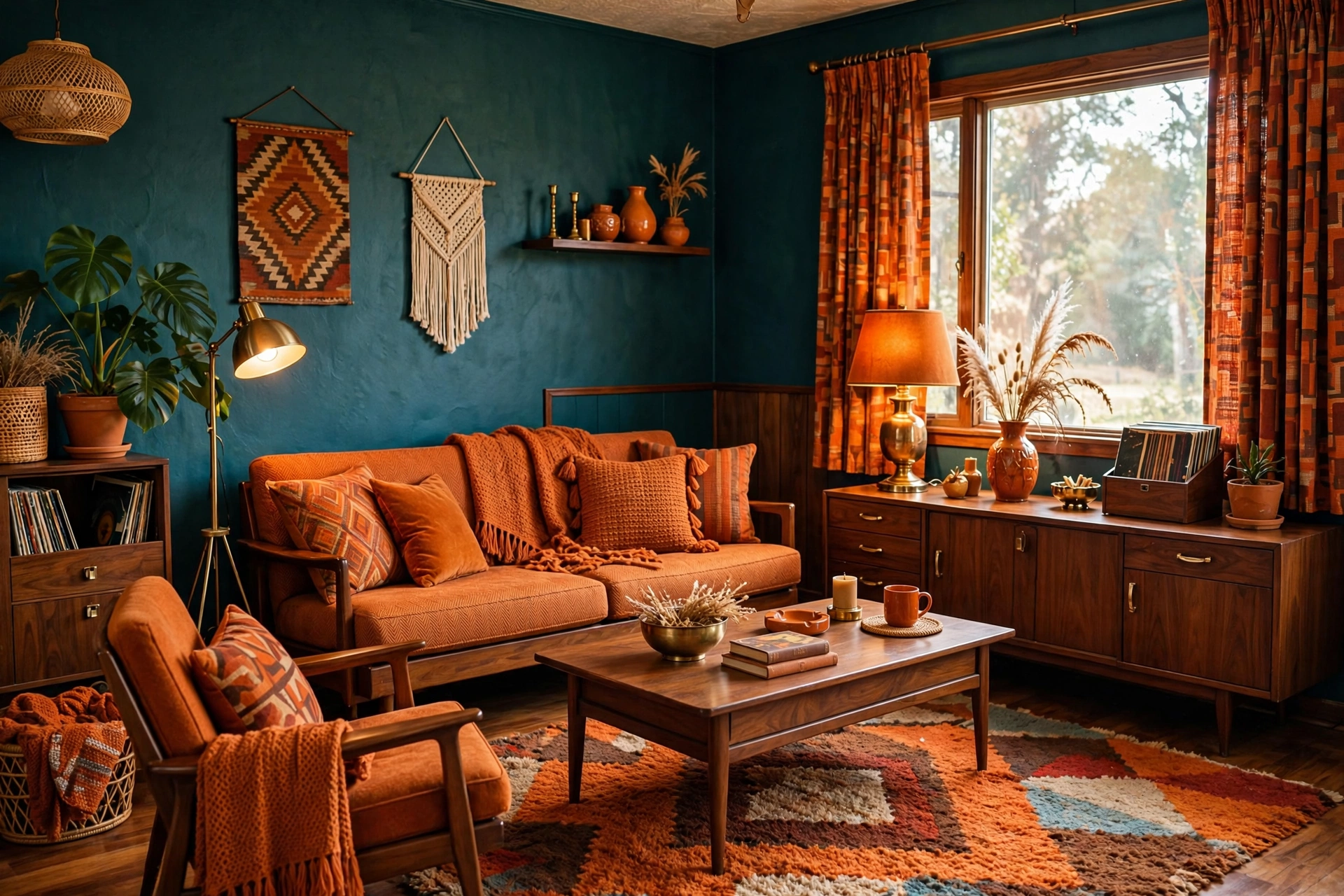 Retro living room with deep teal walls and burnt orange textiles