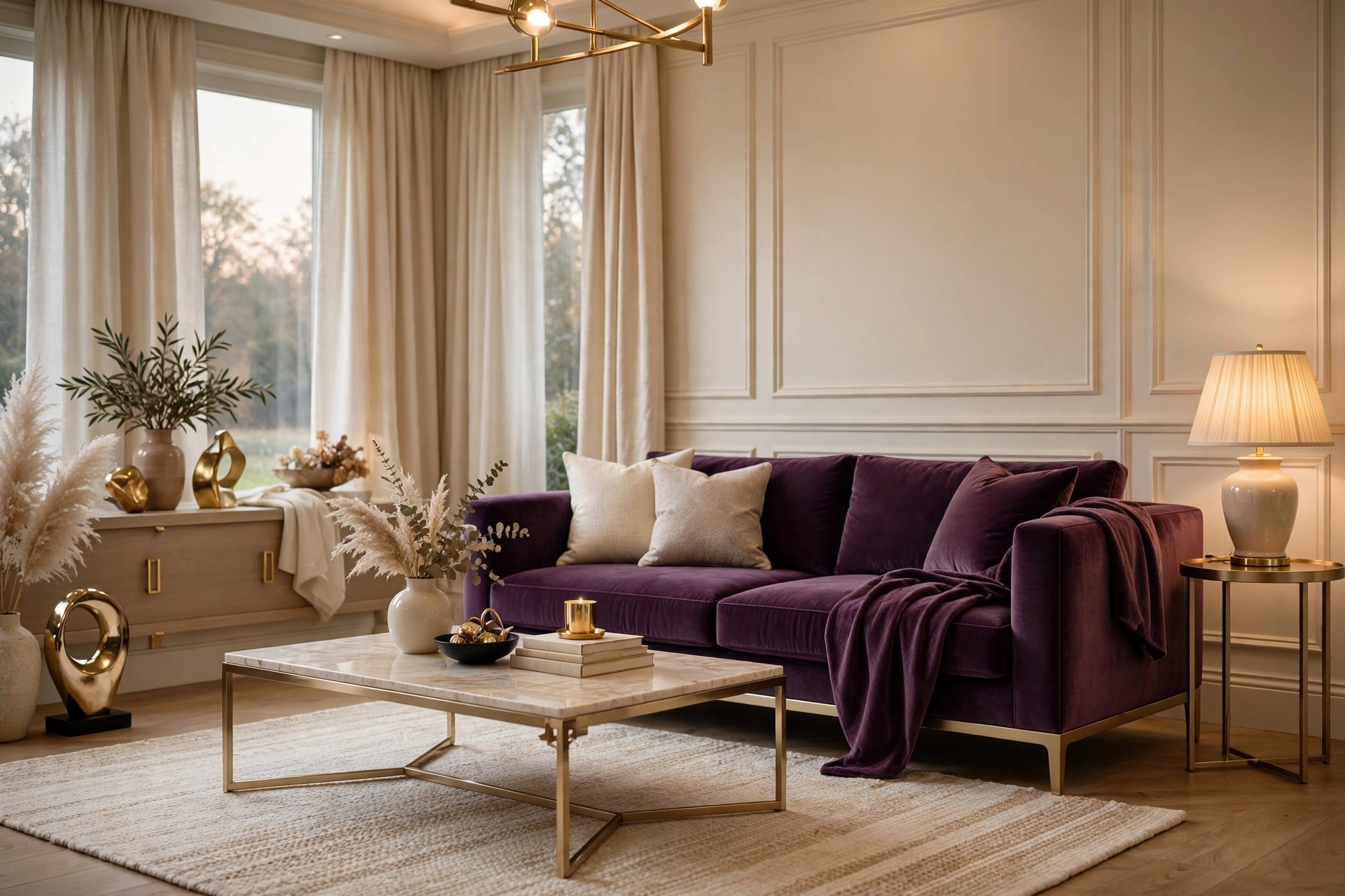 Luxurious living room with plum accents and champagne gold details