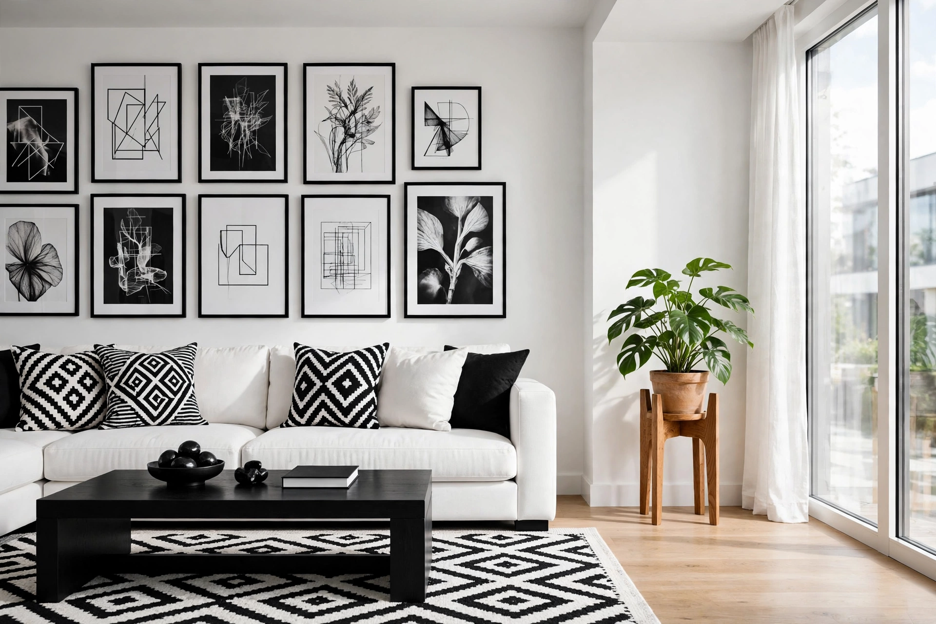 Graphic black and white living room with modern monochrome palette